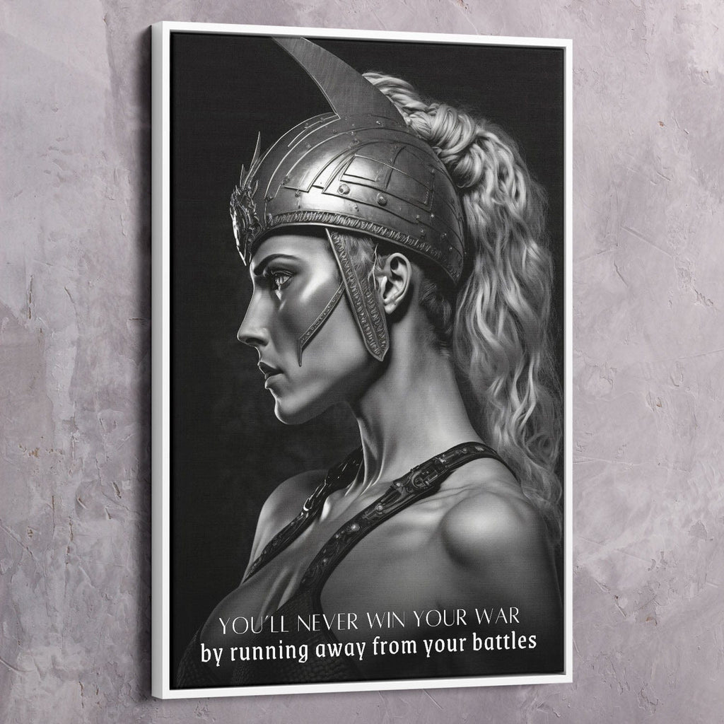 Framed warrior woman wall art print with silver edge, side profile and quote text
