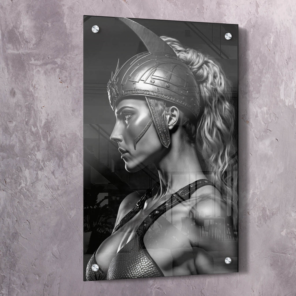 Warrior woman wall art print in clear acrylic, side profile with helmet and no visible quote