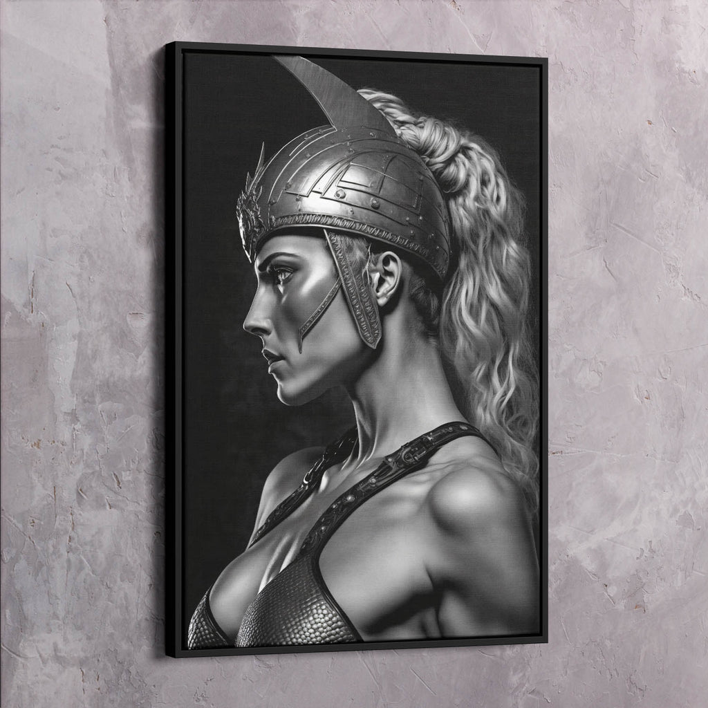 Framed warrior woman wall art print, side profile with helmet and armored details