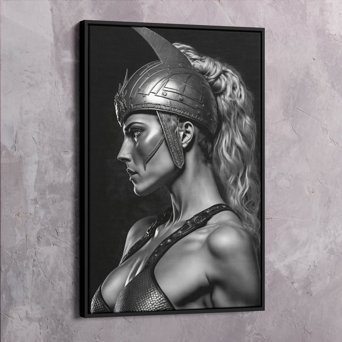 Framed warrior woman wall art print, side profile with helmet and armored details