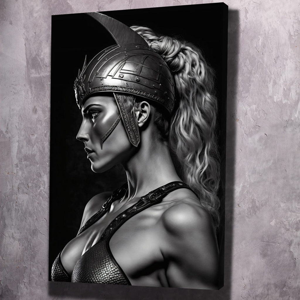 Warrior woman wall art print, side profile with helmet and armored details