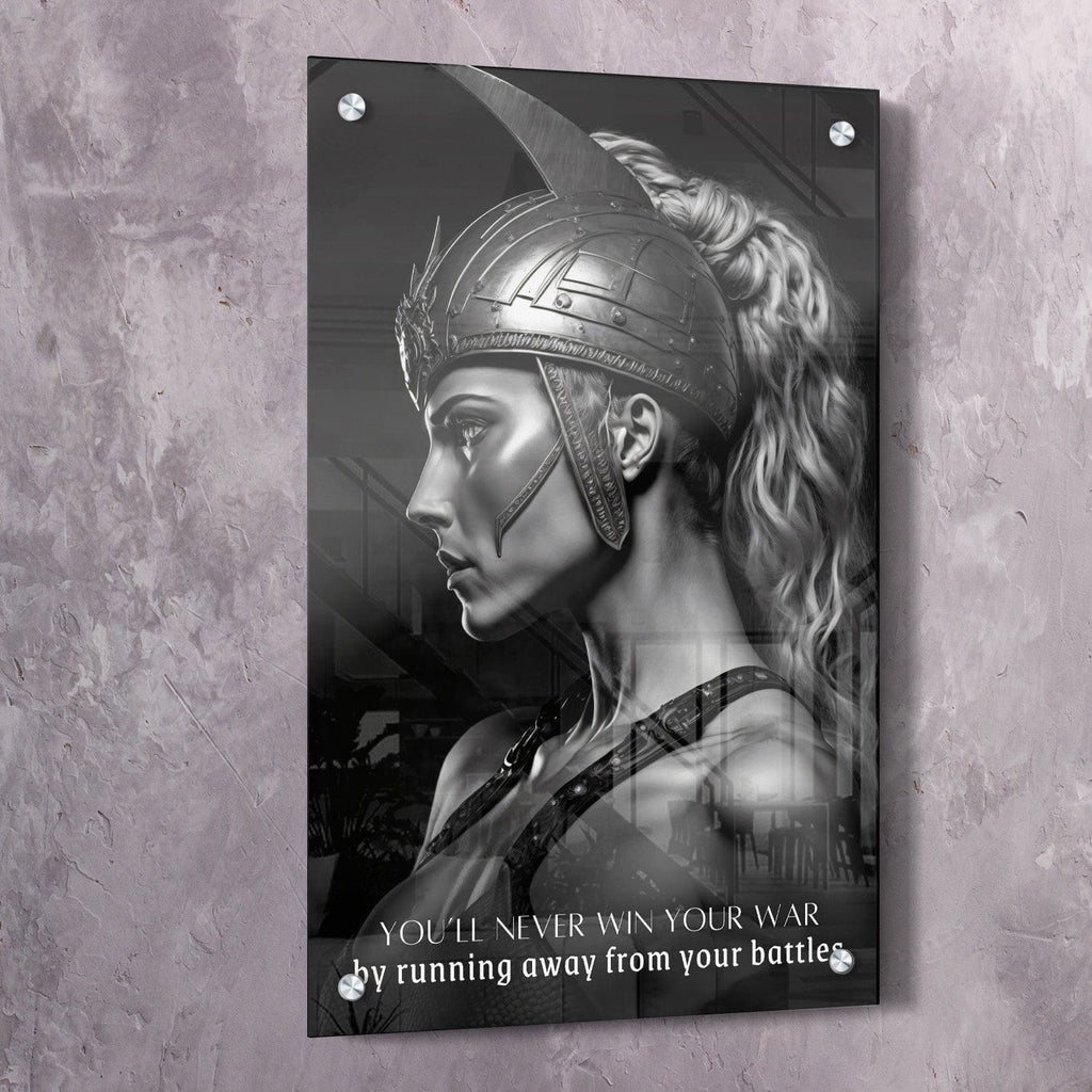 Warrior woman wall art print in clear acrylic, side profile with helmet and quote text
