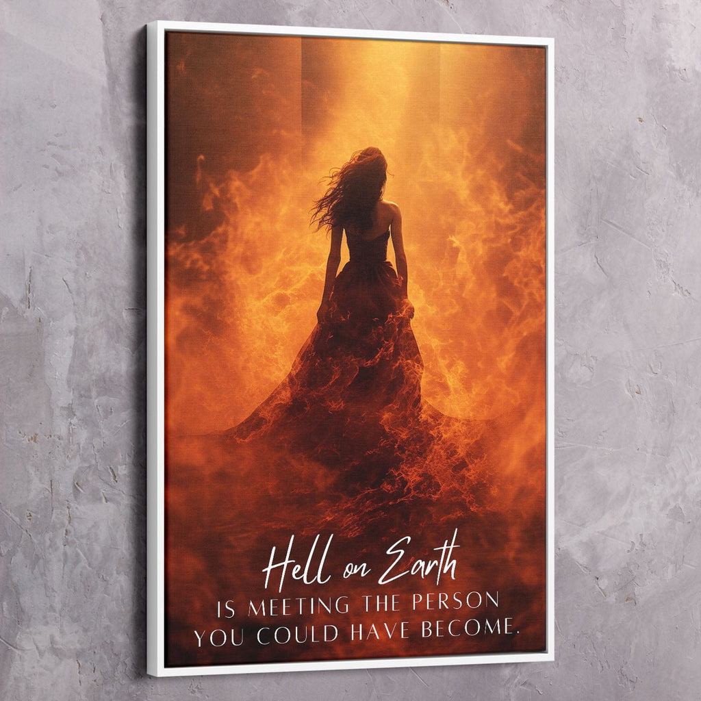 White-framed portrait canvas wall art of silhouetted woman in orange flames