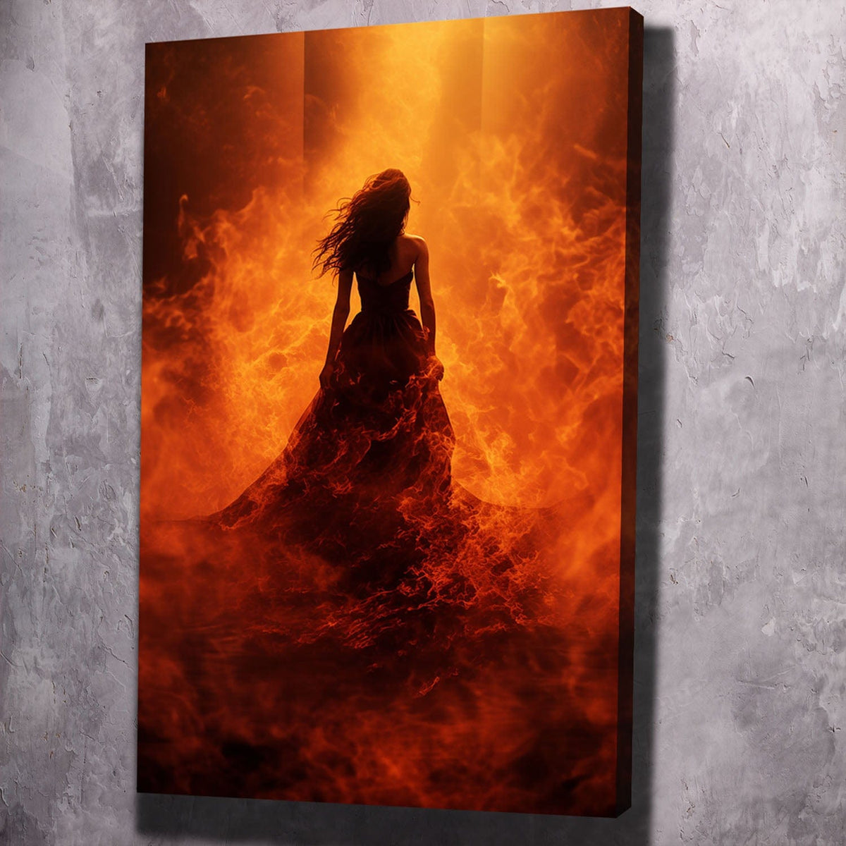 Unframed portrait canvas wall art of silhouetted woman in orange flames