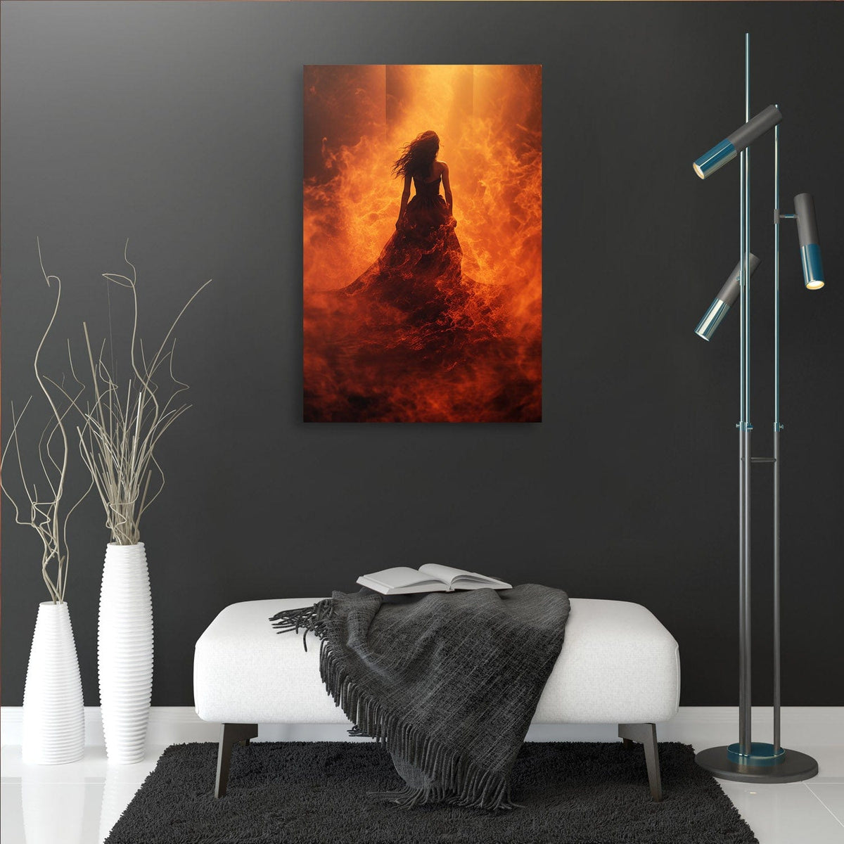 Portrait canvas wall art with silhouetted woman in orange flames, quote at bottom