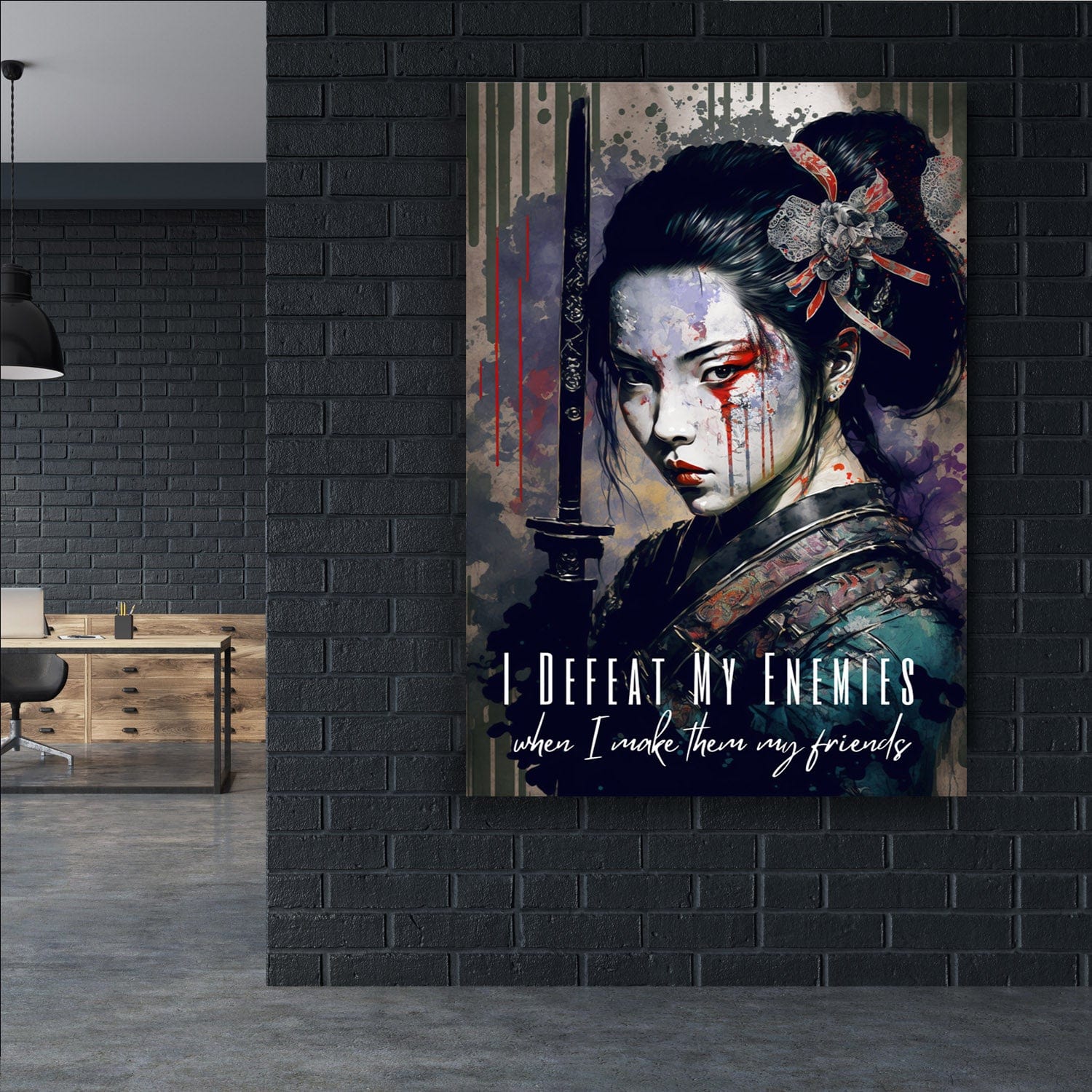 Geisha Warrior - I Defeat My Enemies Dalai Lama Quote Wall Art | Inspirational Wall Art Motivational Wall Art Quotes Office Art | Impaktiv Exclusive Canvas Art Portrait