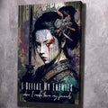 Canvas wall art portrait of a geisha warrior with katana, dark hair, and red text