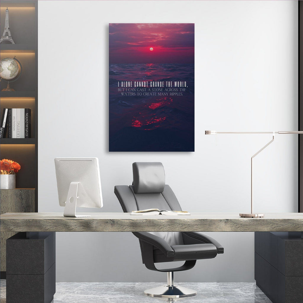 Dark ocean sunset wall art with centered quote text on small blue canvas