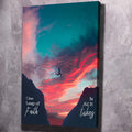 Unframed motivational wall art canvas with sunset, jumping figure, and “One Leap of Faith” quote