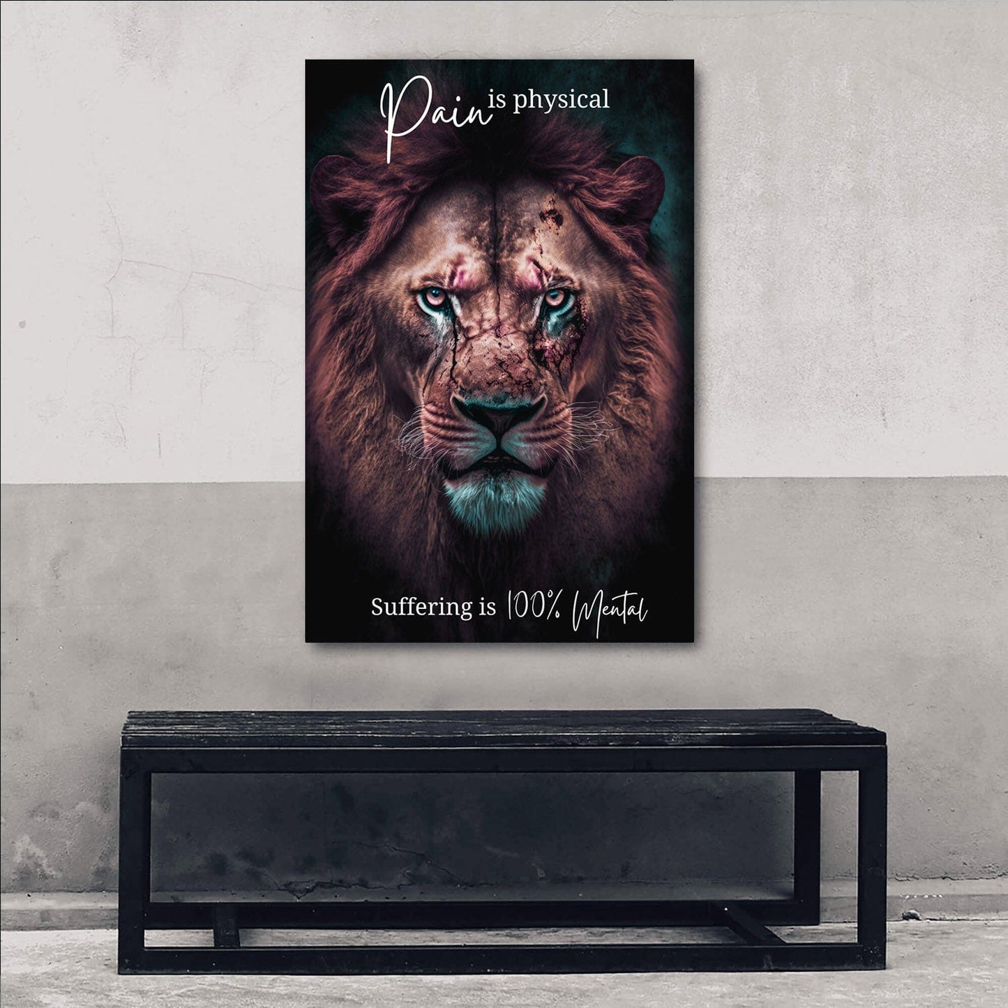 Lion Scars - Pain is physical suffering is 100% mental - Nisargadatta Maharaj Quote Wall Art | Inspirational Wall Art Motivational Wall Art Quotes Office Art | Impaktiv Exclusive Canvas Art Portrait