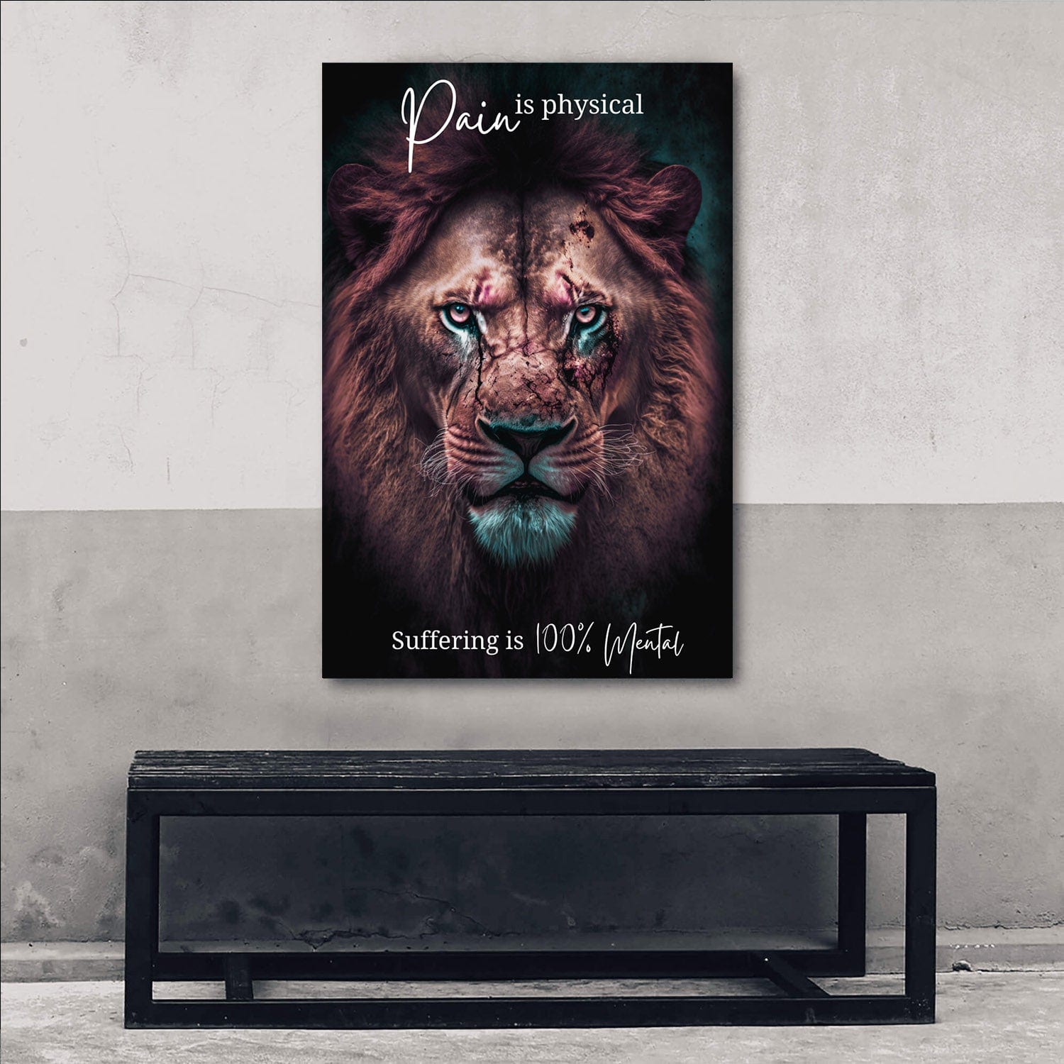 Lion Scars - Pain is physical suffering is 100% mental - Nisargadatta Maharaj Quote Wall Art | Inspirational Wall Art Motivational Wall Art Quotes Office Art | Impaktiv Exclusive Canvas Art Portrait