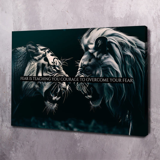 Lion Tiger Faceoff - Fear is teaching you courage Wall Art | Inspirational Wall Art Motivational Wall Art Quotes Office Art | Impaktiv Exclusive Canvas Art Landscape