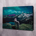 Landscape wolf wall art on teal mountain scene with pink "LOVE THE JOURNEY" text