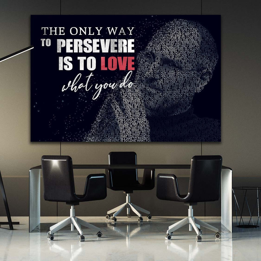 Motivational wall art print with Steve Jobs portrait and 'persevere is to love' text