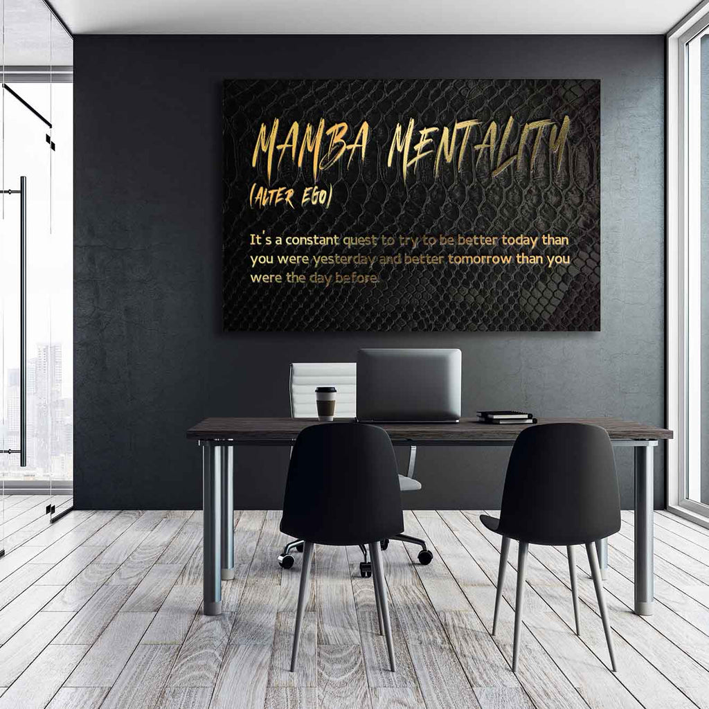 Black framed wall art featuring yellow “Mamba Mentality (Alter Ego)” quote