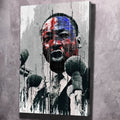 Martin Luther King portrait wall art on canvas, red and blue flag-style paint splatter