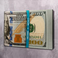 Money-themed wall art canvas with teal strip over $100 bill collage design