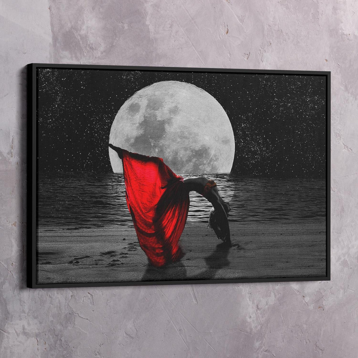 Moon Beauty Yoga Red Dress Peace Wall Art, alternate artwork view by Impaktiv