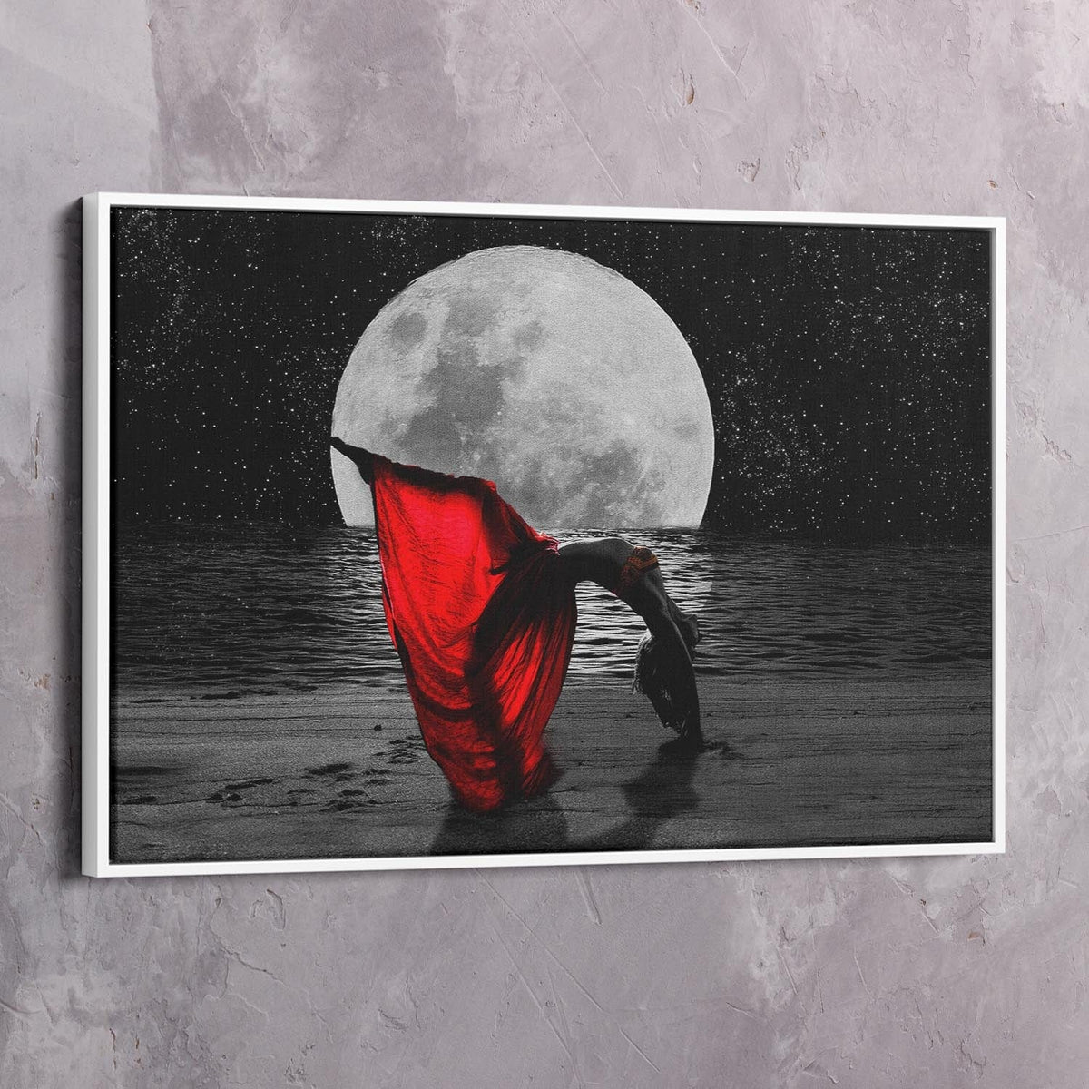 Moon Beauty Yoga Red Dress Peace Wall Art, alternate artwork view by Impaktiv