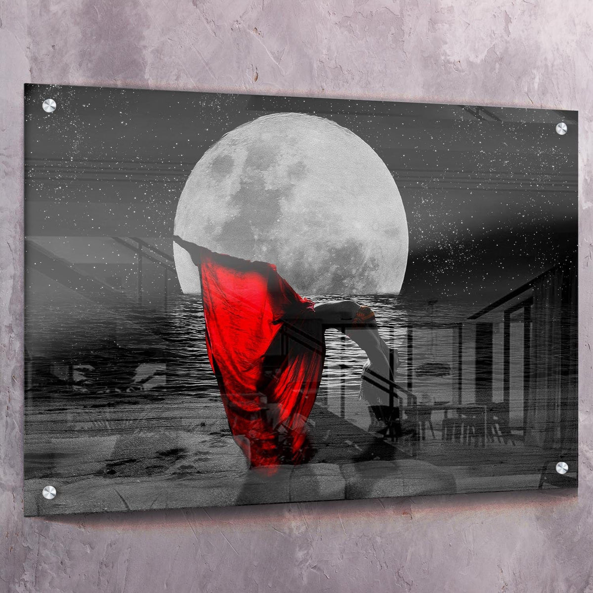 Moon Beauty Yoga Red Dress Peace Wall Art, alternate artwork view by Impaktiv