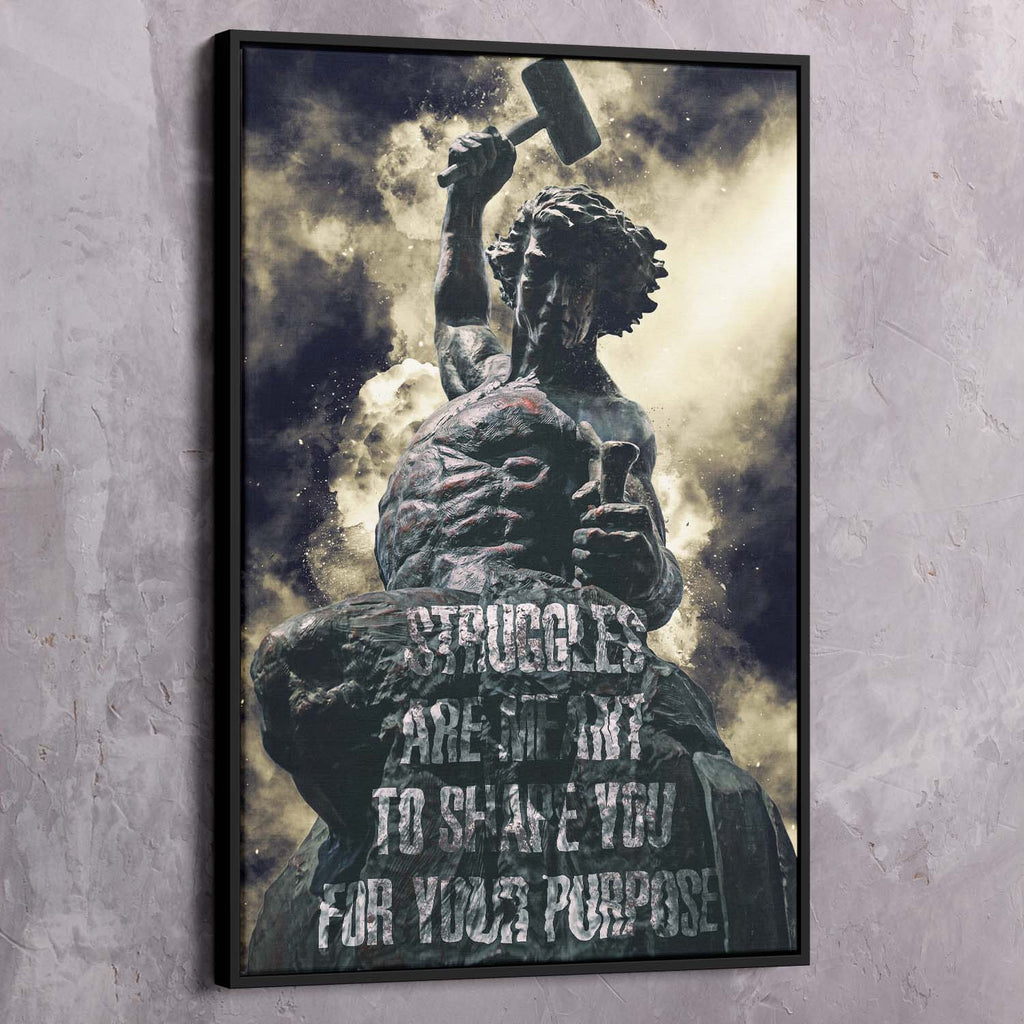 Framed portrait wall art of stone statue holding hammer over dark quote lettering