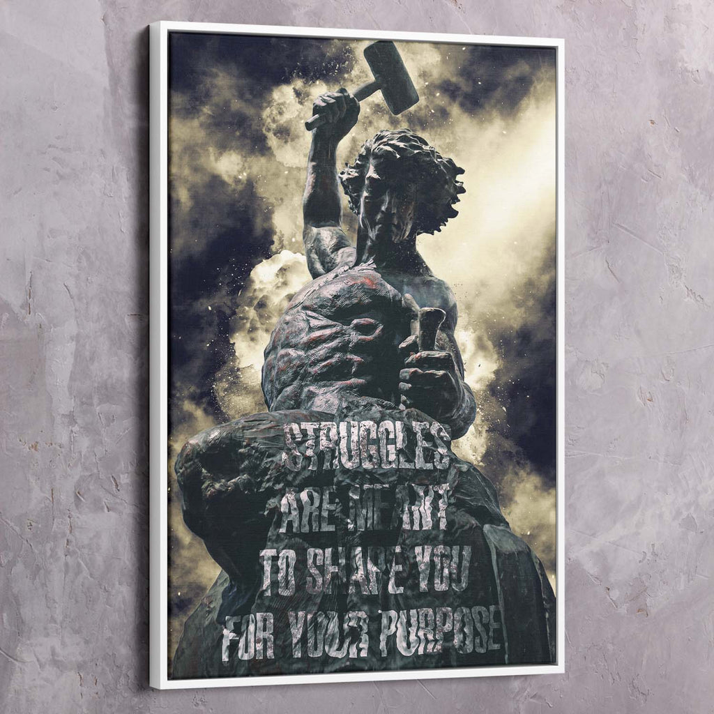 Framed portrait wall art canvas featuring stone statue holding a hammer, textured dark tones