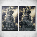 Wall art canvas featuring a stone statue with raised hammer and layered quote text