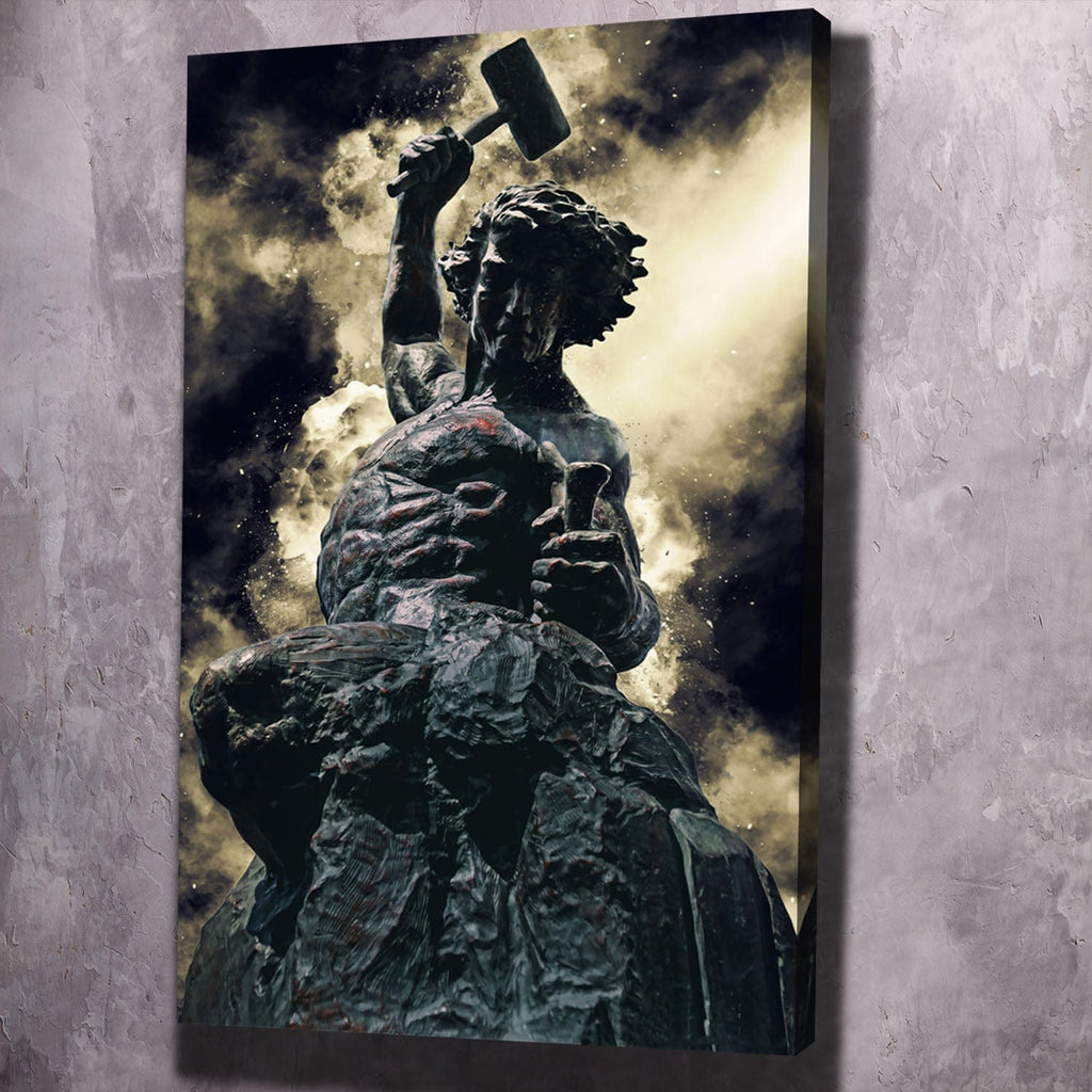 Unframed portrait wall art canvas with stone statue holding hammer in dark textured style