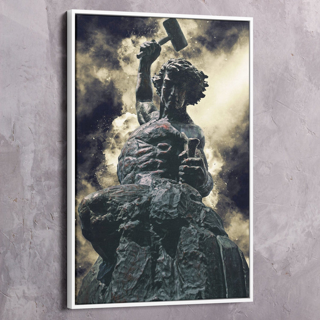 White-framed portrait wall art canvas with stone statue holding hammer, dark textured look