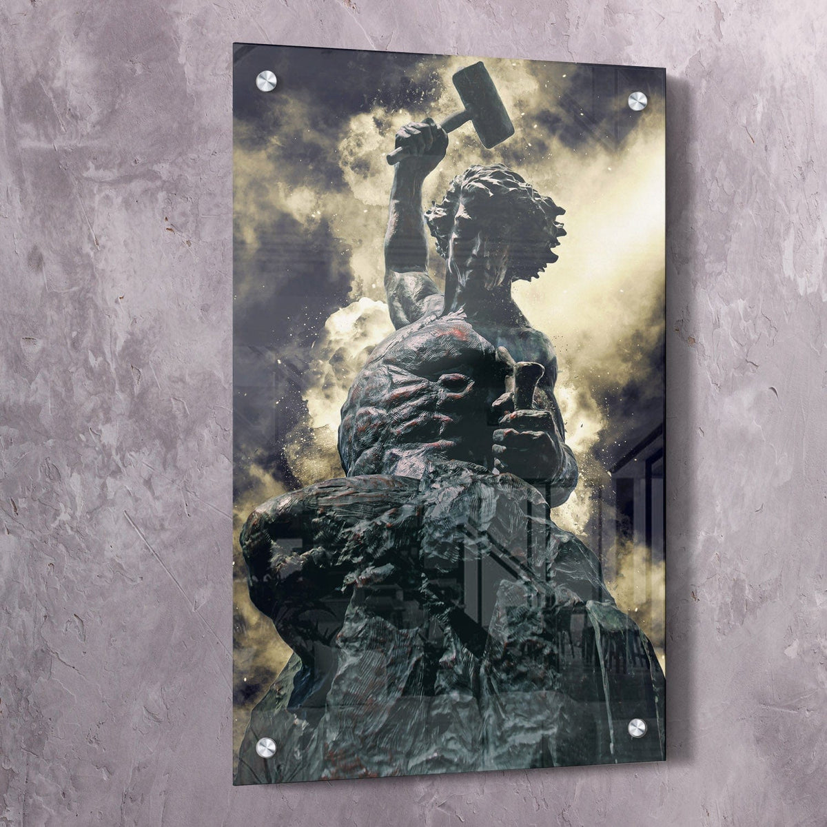Rectangular wall art print featuring a dark statue figure with raised arm against clouds