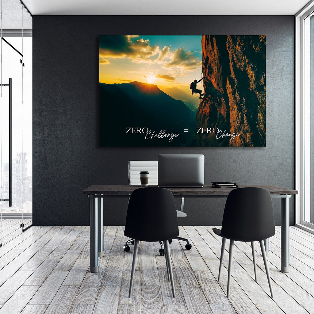 Mountain climber wall art canvas with sunset over mountains, climber silhouette, and 'Zero Challenge = Zero Change'.