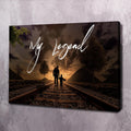 Landscape wall art showing 'My Legend' over father and child on train tracks