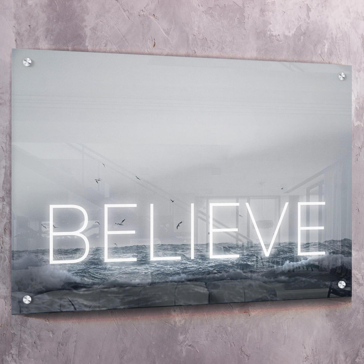 Neon Water - BELIEVE Motivational Wall Art, alternate artwork view by Impaktiv
