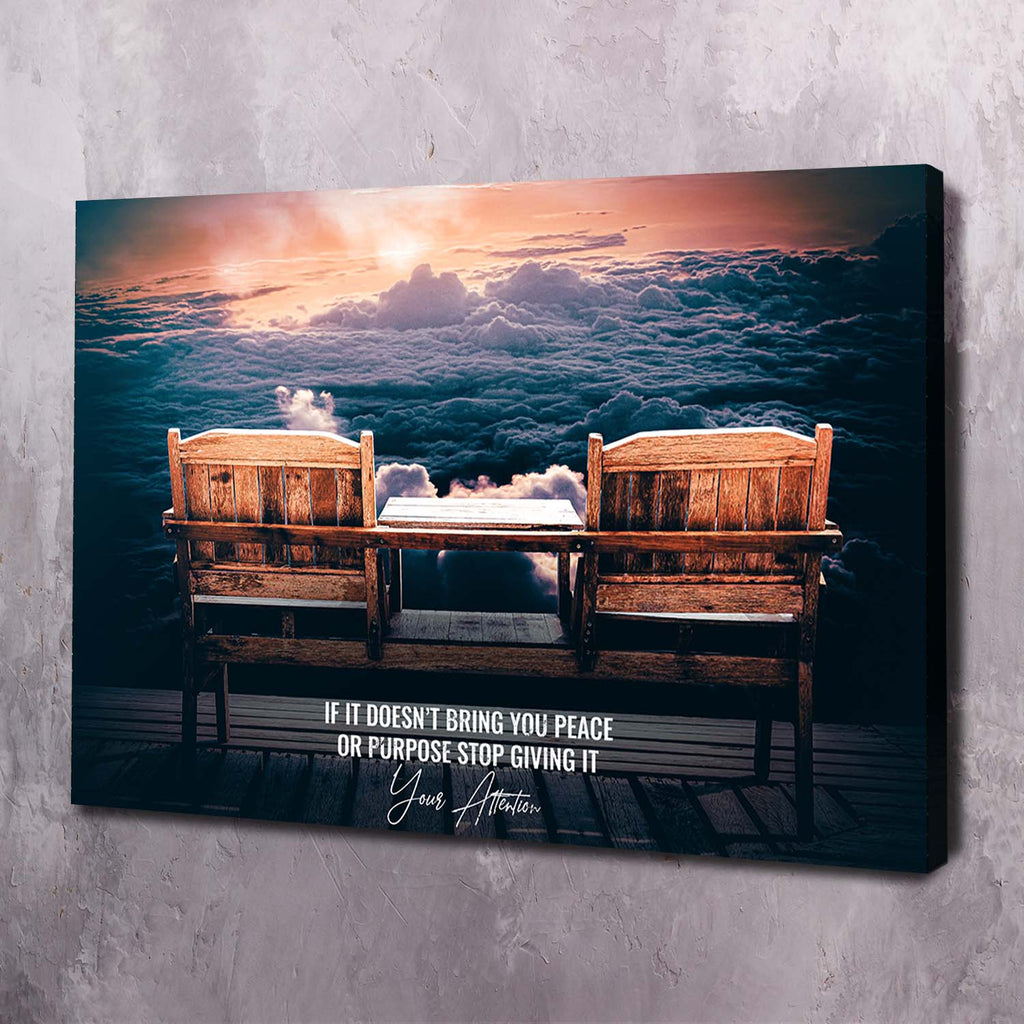 Wall art canvas: wooden bench with sunset clouds and ocean.