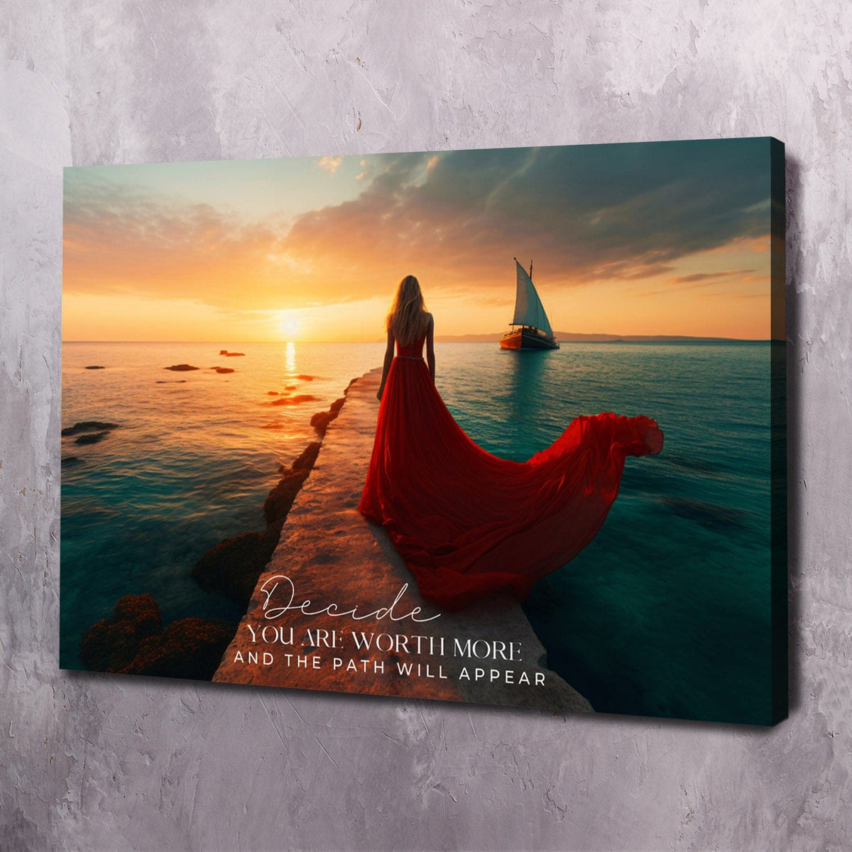 Red Dress Sea - Decide you are worth more Wall Art, self belief wall art by Impaktiv