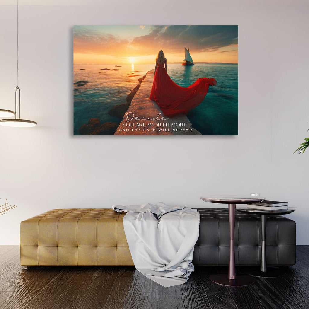 Red Dress Sea - Decide you are worth more Wall Art, alternate artwork view by Impaktiv