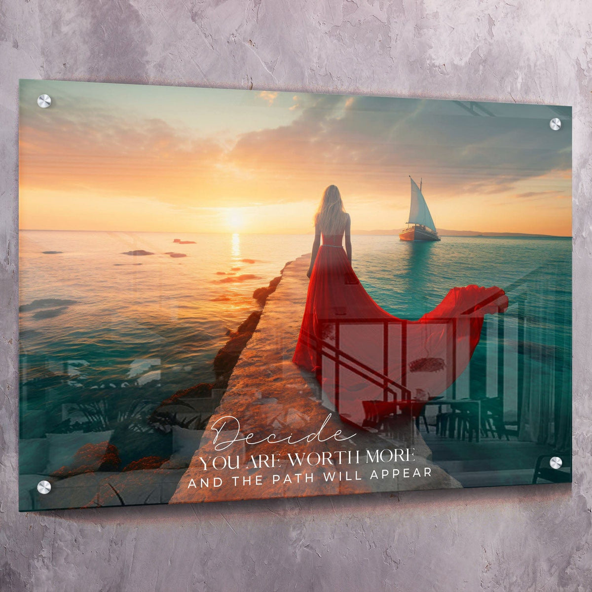 Red Dress Sea - Decide you are worth more Wall Art, alternate artwork view by Impaktiv