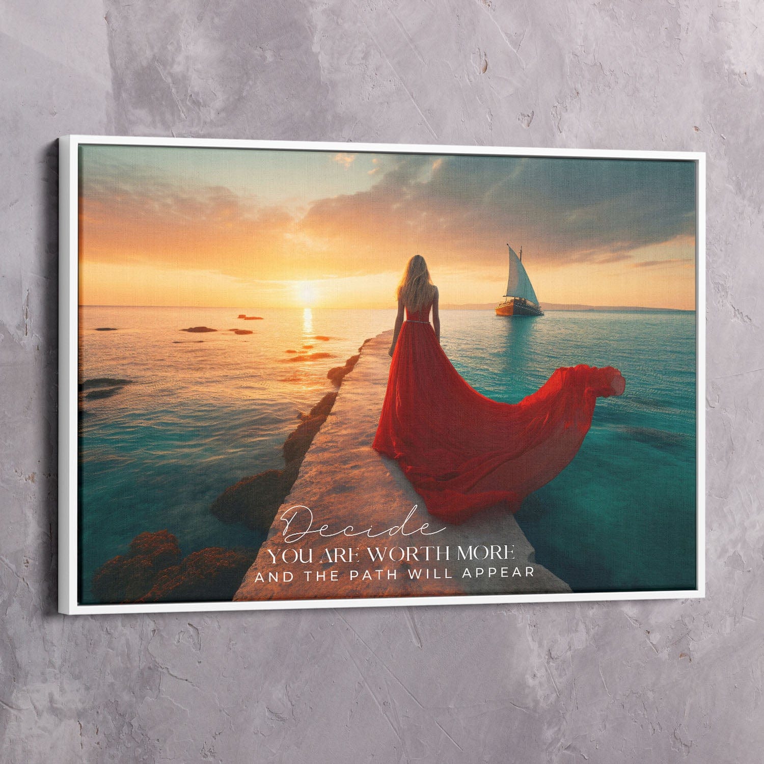 Red Dress Sea - Decide you are worth more Quote Wall Art | Inspirational Wall Art Motivational Wall Art Quotes Office Art | Impaktiv Exclusive Canvas Art Landscape