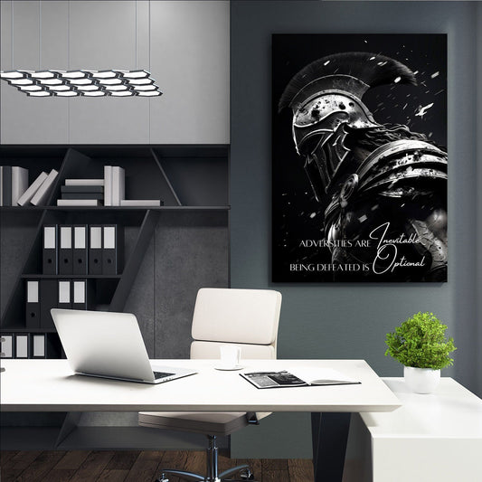 Spartan Warrior - Adversities are inevitable. Being defeated is optional. Quote Wall Art | Inspirational Wall Art Motivational Wall Art Quotes Office Art | Impaktiv Exclusive Canvas Art Portrait
