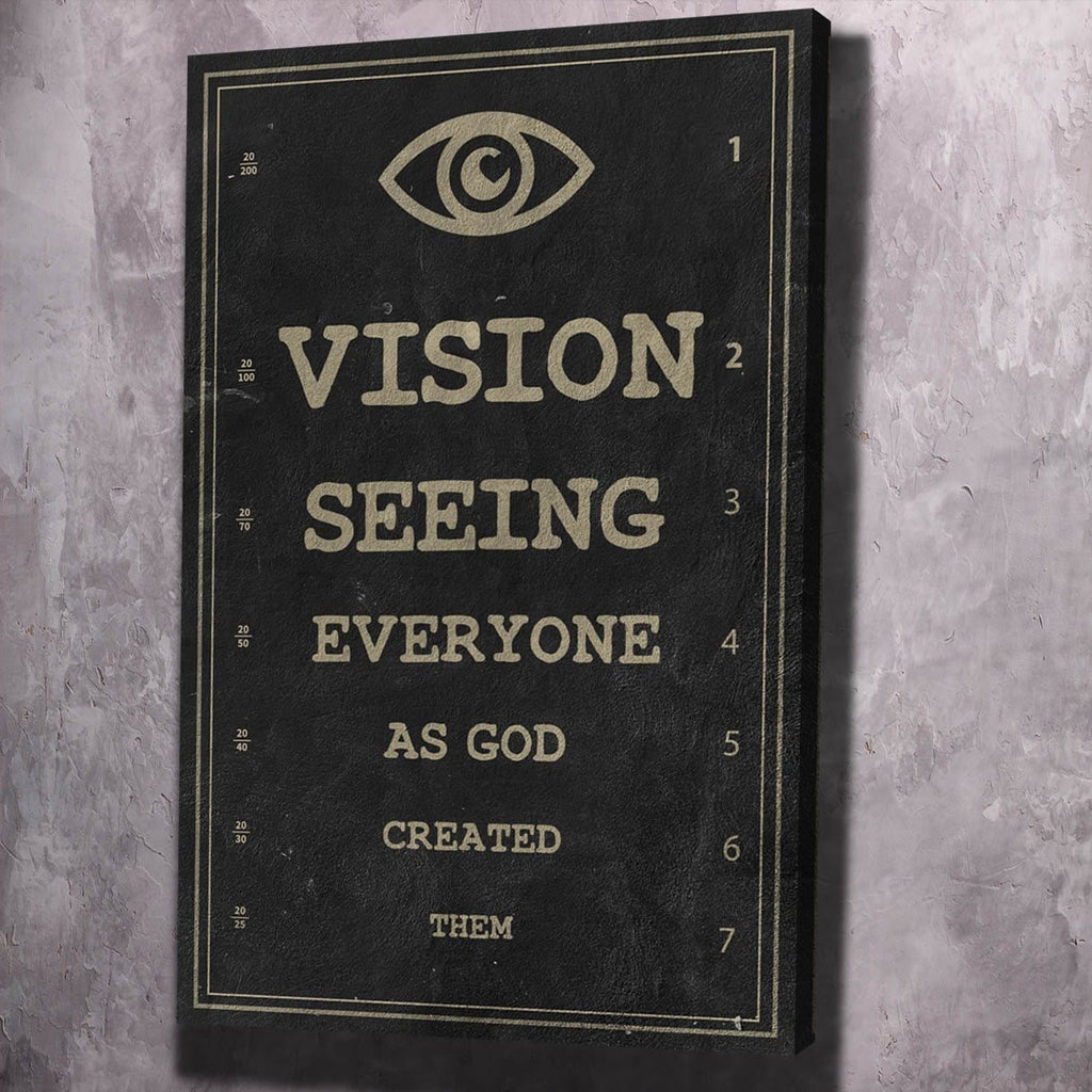 Black canvas wall art with eye icon and gold text: VISION, SEEING, EVERYONE, AS GOD