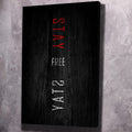 Black typographic wall art with red and white lettering, portrait canvas