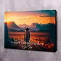 Landscape canvas wall art with hiker at sunset, mountains, and quote text