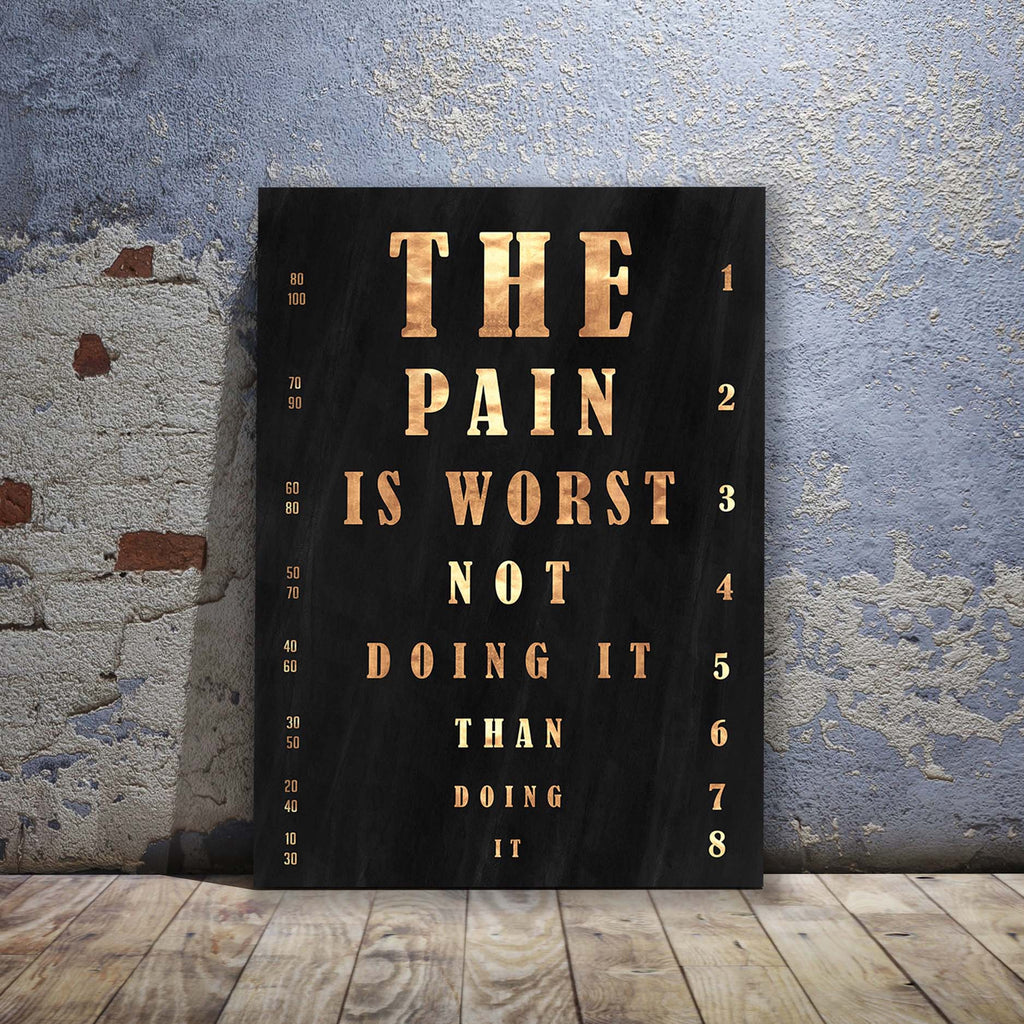 Portrait wall art print on black background with gold motivational quote and numbered scale.