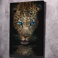 Leopard portrait wall art with blue eyes and mirrored reflection on dark background