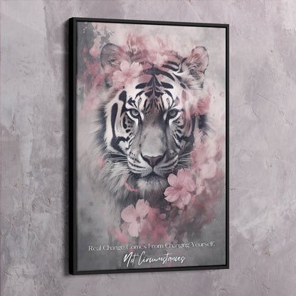 Tiger Pink Flowers - Change Yourself Not Circumstances Quote Wall Art | Inspirational Wall Art Motivational Wall Art Quotes Office Art | Impaktiv Exclusive Canvas Art Portrait