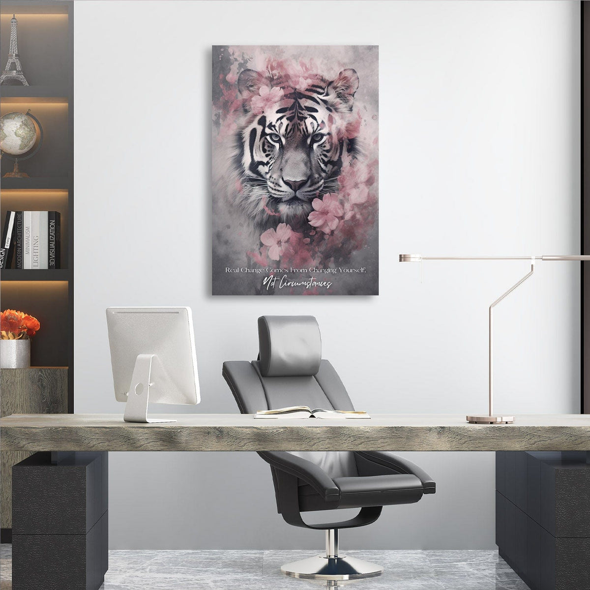 Tiger Pink Flowers - Change Yourself Not Circumstances Wall Art, alternate view by Impaktiv