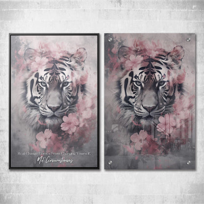 Tiger Pink Flowers - Change Yourself Not Circumstances Quote Wall Art | Inspirational Wall Art Motivational Wall Art Quotes Office Art | Impaktiv Exclusive Canvas Art Portrait
