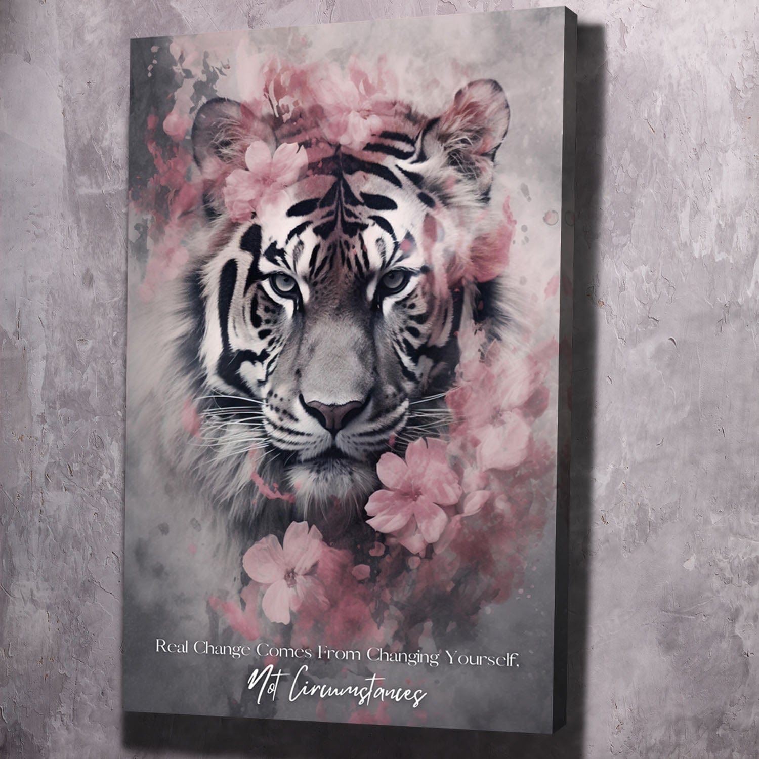 Tiger Pink Flowers - Change Yourself Not Circumstances Quote Wall Art | Inspirational Wall Art Motivational Wall Art Quotes Office Art | Impaktiv Exclusive Canvas Art Portrait