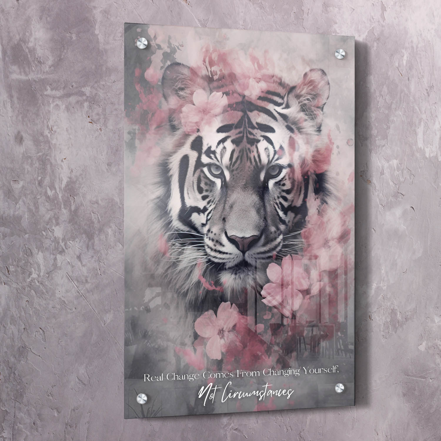 Tiger Pink Flowers - Change Yourself Not Circumstances Quote Wall Art | Inspirational Wall Art Motivational Wall Art Quotes Office Art | Impaktiv Exclusive Canvas Art Portrait