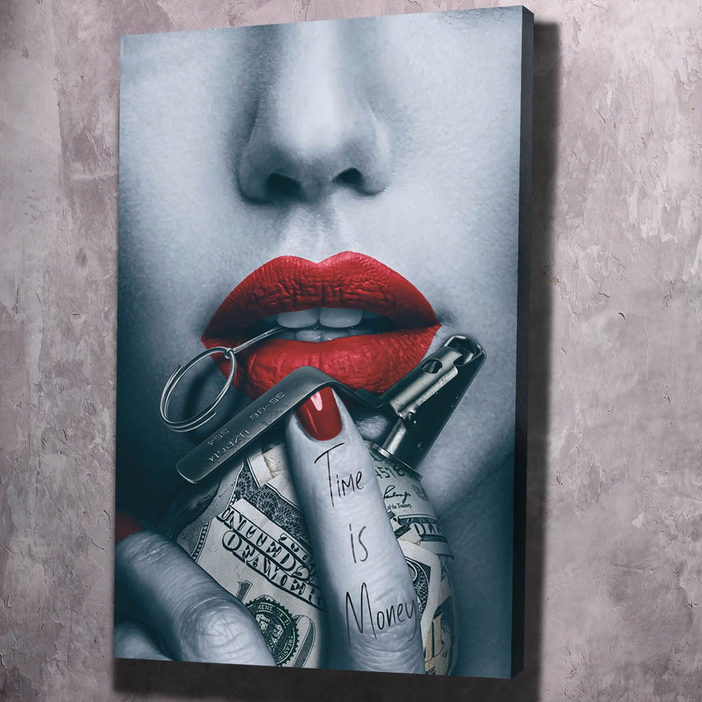Beauty wall art canvas with close-up red lips, cash, and metallic tool elements